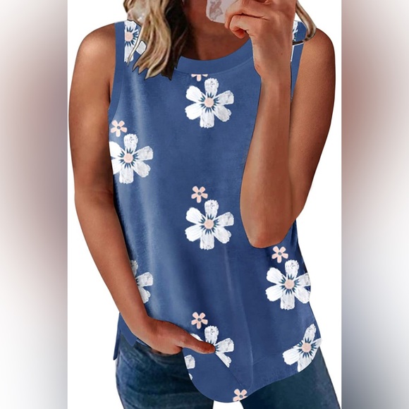 Blue Sleeveless Top with flowers - Picture 1 of 7